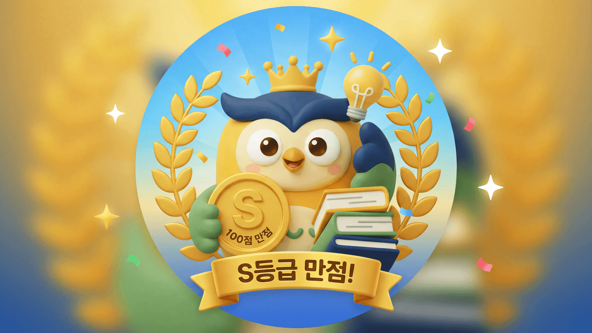 왕관과 금메달을 든 부엉이의 S등급 만점 결과 예시